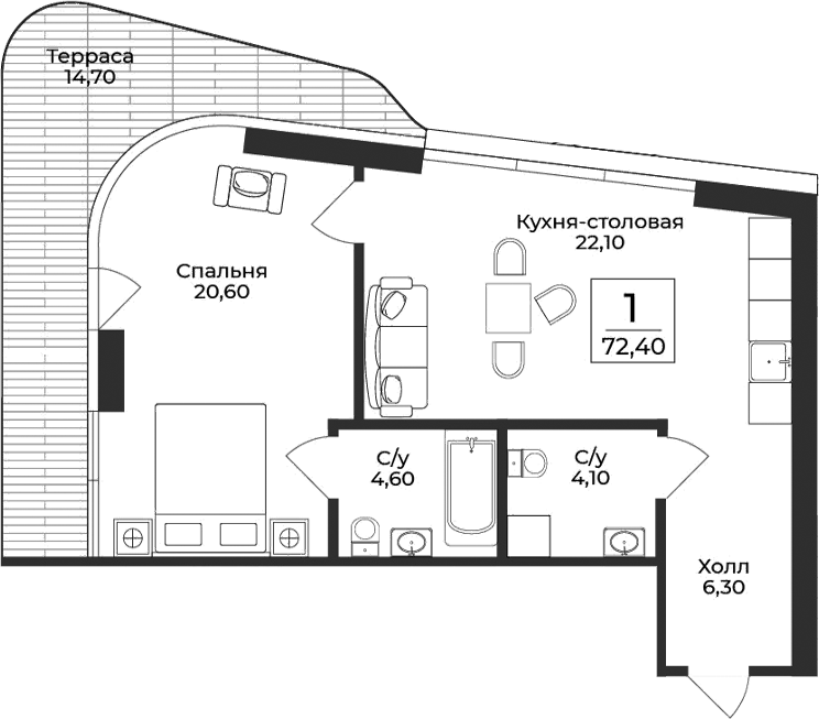 Планировка — Нега, 1-комн., 58 м²