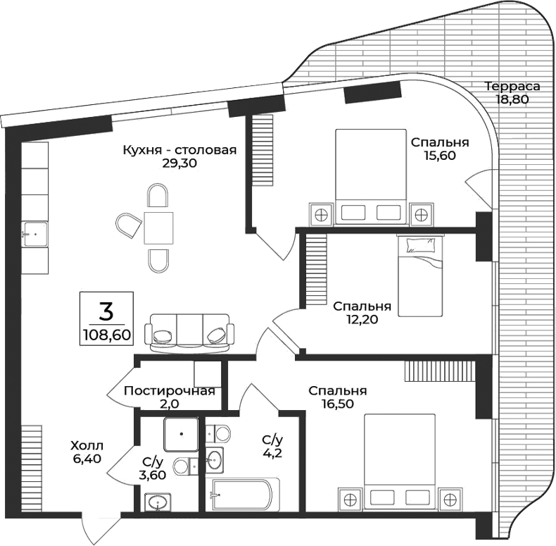 Планировка — Нега, 3-комн., 90 м²