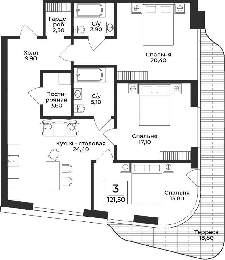 Планировка — Нега, 3-комн., 103 м²