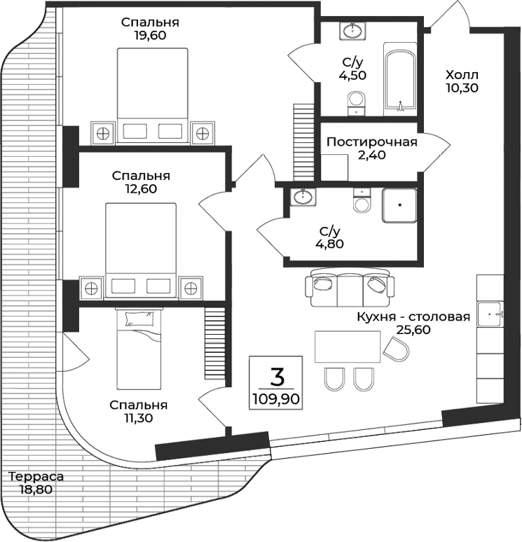Планировка — Нега, 3-комн., 91 м²