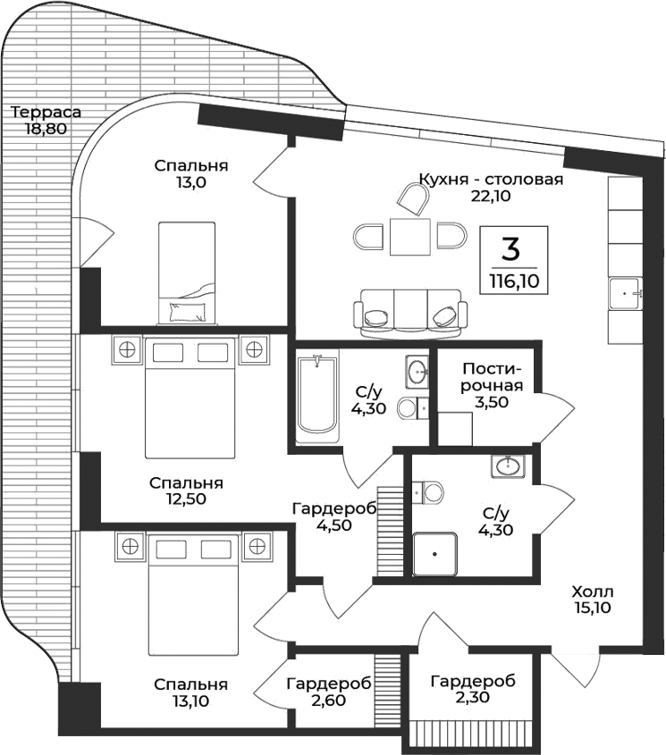 Планировка — Нега, 3-комн., 97 м²