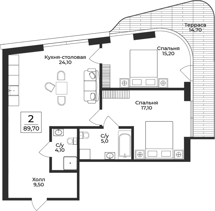 Планировка — Нега, 2-комн., 75 м²