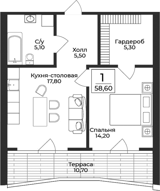 Планировка — Нега, 1-комн., 48 м²