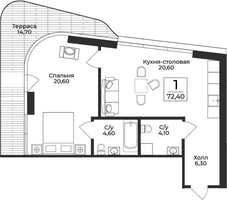 Планировка — Нега, 1-комн., 58 м²