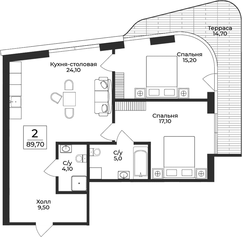 Планировка — Нега, 2-комн., 75 м²