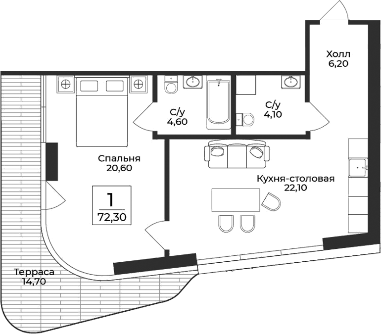 Планировка — Нега, 1-комн., 58 м²