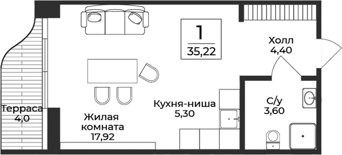 Планировка — Нега, Студия, 31 м²