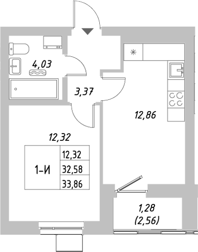 Планировка — Riverside, 1-комн., 33 м²