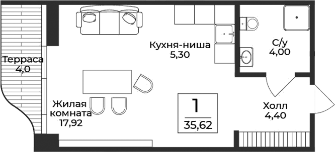 Планировка — Нега, Студия, 32 м²