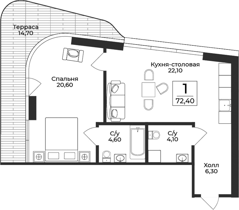 Планировка — Нега, 1-комн., 58 м²