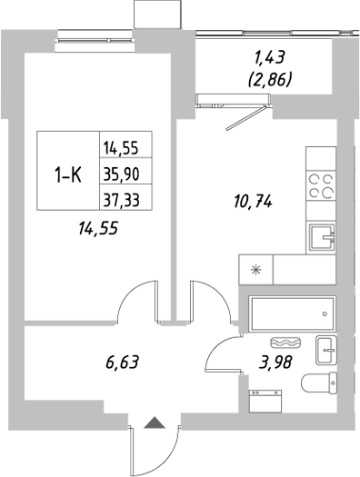 Планировка — Riverside, 1-комн., 36 м²