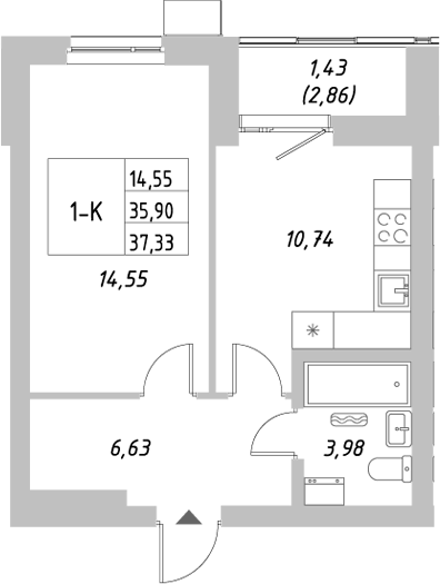 Планировка — Riverside, 1-комн., 36 м²