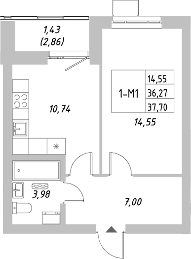 Планировка — Riverside, 1-комн., 36 м²