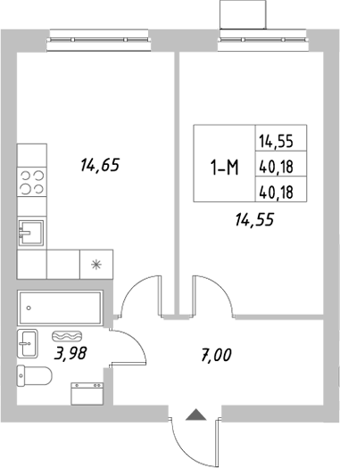 Планировка — Riverside, 1-комн., 40 м²