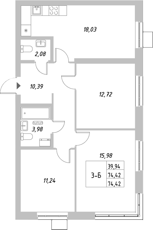 Планировка — Riverside, 3-комн., 74 м²