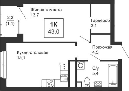 Планировка — Новая Ботаника, 1-комн., 42 м²