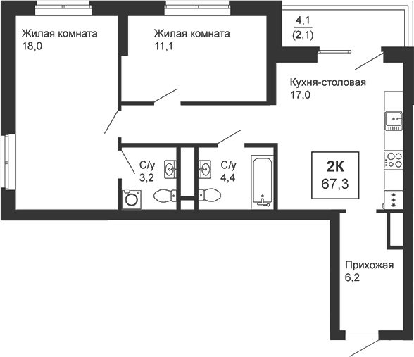 Планировка — Новая Ботаника, 2-комн., 65 м²