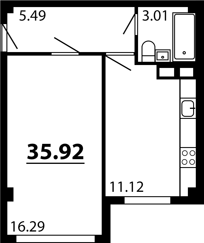 Планировка — Рассвет, 1-комн., 36 м²