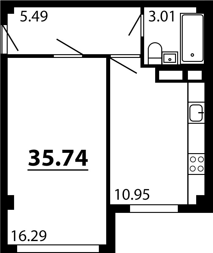 Планировка — Рассвет, 1-комн., 36 м²