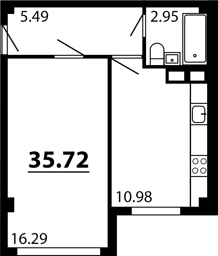 Планировка — Рассвет, 1-комн., 36 м²
