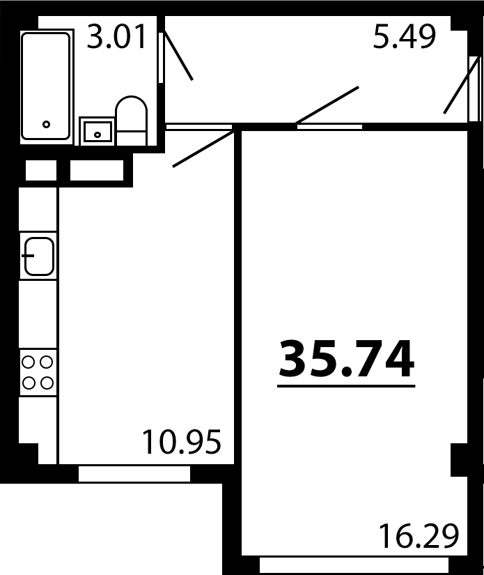 Планировка — Рассвет, 1-комн., 36 м²