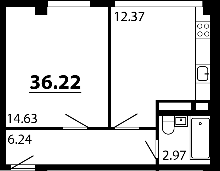 Планировка — Рассвет, 1-комн., 36 м²