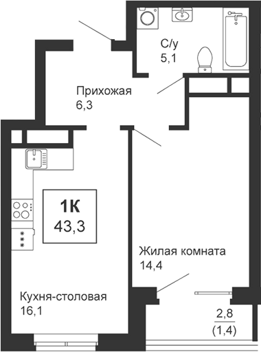 Планировка — Новая Ботаника, 1-комн., 42 м²