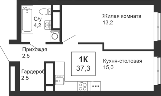 Планировка — Новая Ботаника, 1-комн., 37 м²