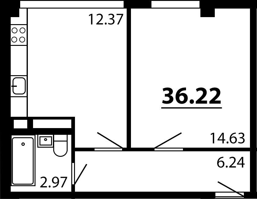 Планировка — Рассвет, 1-комн., 36 м²