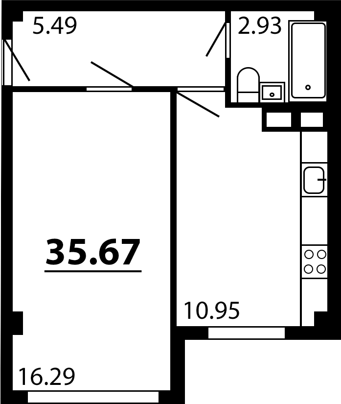 Планировка — Рассвет, 1-комн., 36 м²