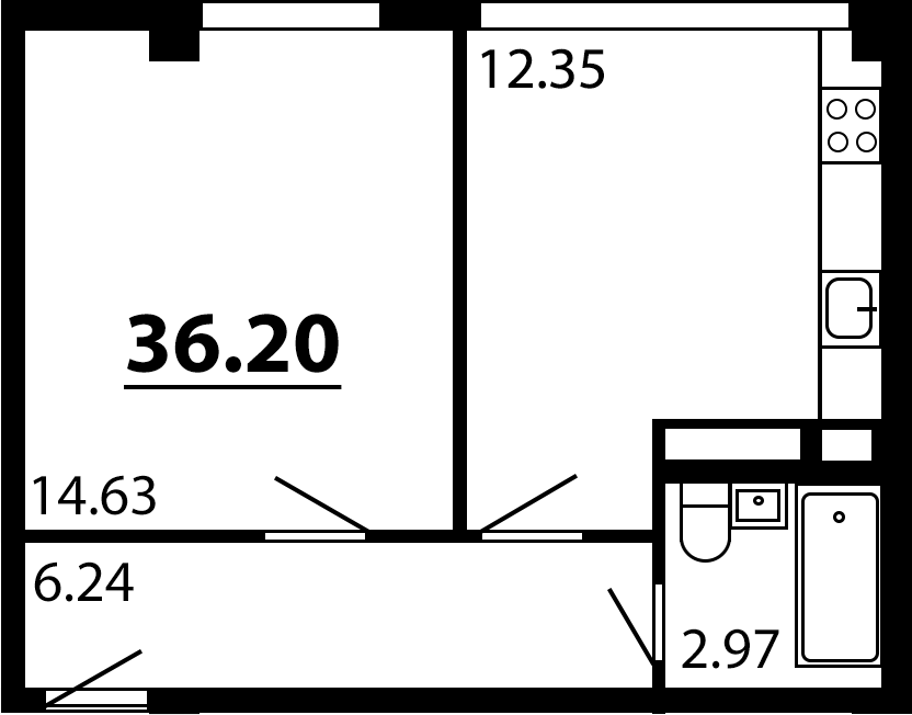 Планировка — Рассвет, 1-комн., 36 м²