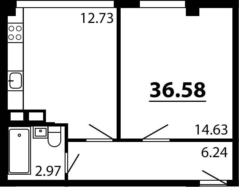Планировка — Рассвет, 1-комн., 37 м²