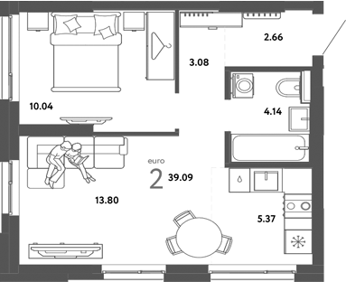 Планировка — Сибирский сад, 2-комн., 39 м²