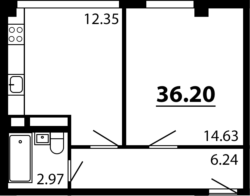 Планировка — Рассвет, 1-комн., 36 м²