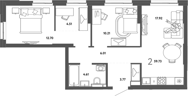 Планировка — Сибирский сад, 2-комн., 60 м²
