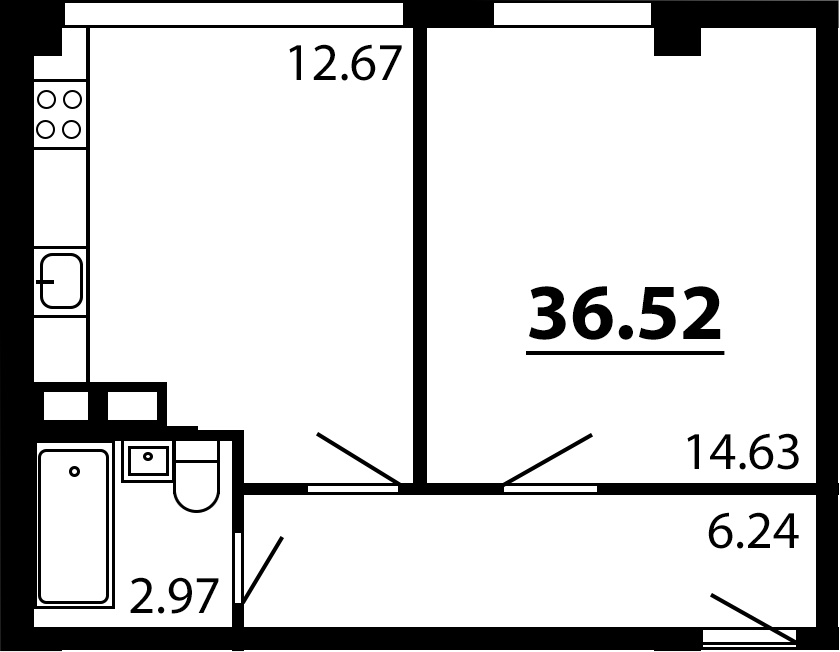 Планировка — Рассвет, 1-комн., 37 м²