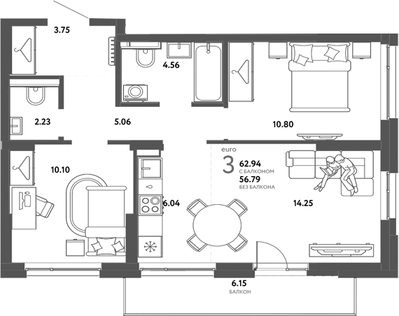 Планировка — Сибирский сад, 3-комн., 57 м²