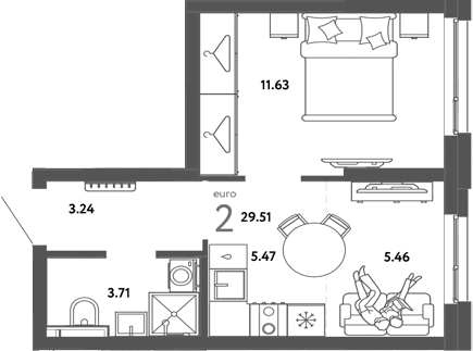Планировка — Сибирский сад, 2-комн., 30 м²