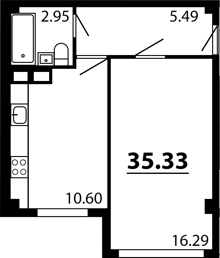 Планировка — Рассвет, 1-комн., 35 м²