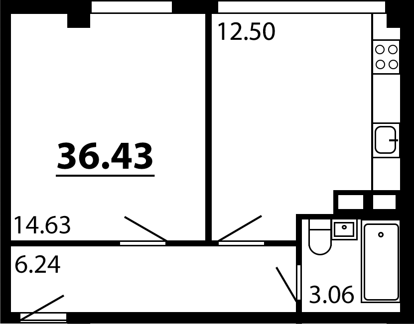 Планировка — Рассвет, 1-комн., 36 м²