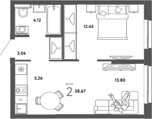 Планировка — Сибирский сад, 2-комн., 39 м²