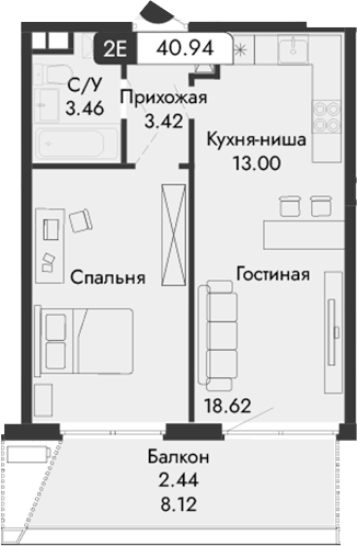 Планировка — Парковая Резиденция, 2-комн., 39 м²