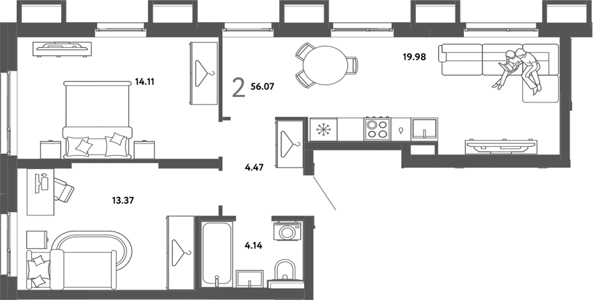 Планировка — Сибирский сад, 2-комн., 56 м²