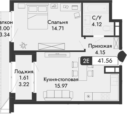 Планировка — Парковая Резиденция, 2-комн., 39 м²