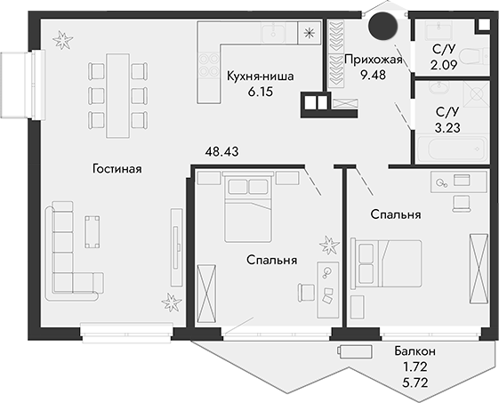Планировка — Парковая Резиденция, 1-комн., 69 м²