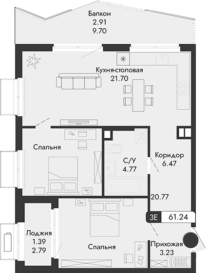 Планировка — Парковая Резиденция, 1-комн., 57 м²