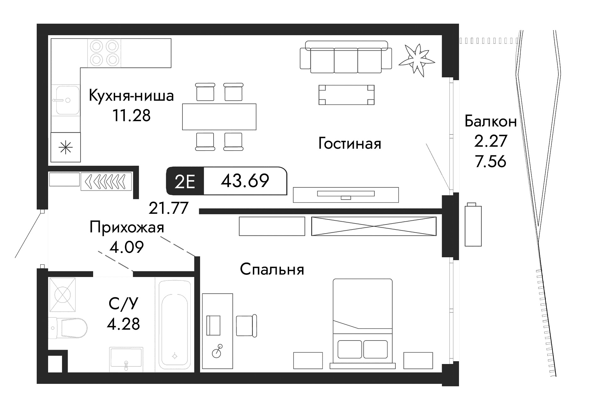 Планировка — Парковая Резиденция, 1-комн., 41 м²