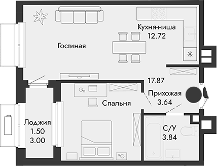 Планировка — Парковая Резиденция, 1-комн., 38 м²