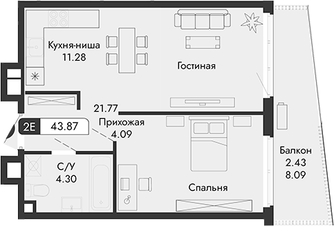 Планировка — Парковая Резиденция, 1-комн., 41 м²