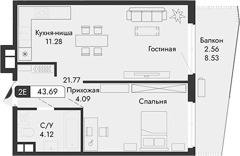 Планировка — Парковая Резиденция, 1-комн., 41 м²